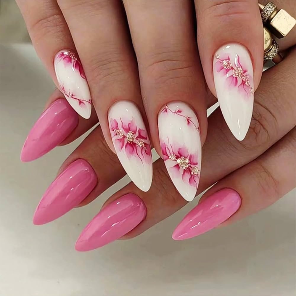 Floral Pink and White Nail Art